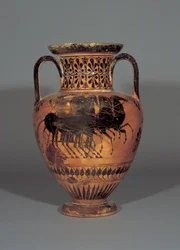 Attische schwarzfigurige Halsamphore, die Athena in einer Quadriga darstellt, 530-530 v. Chr.